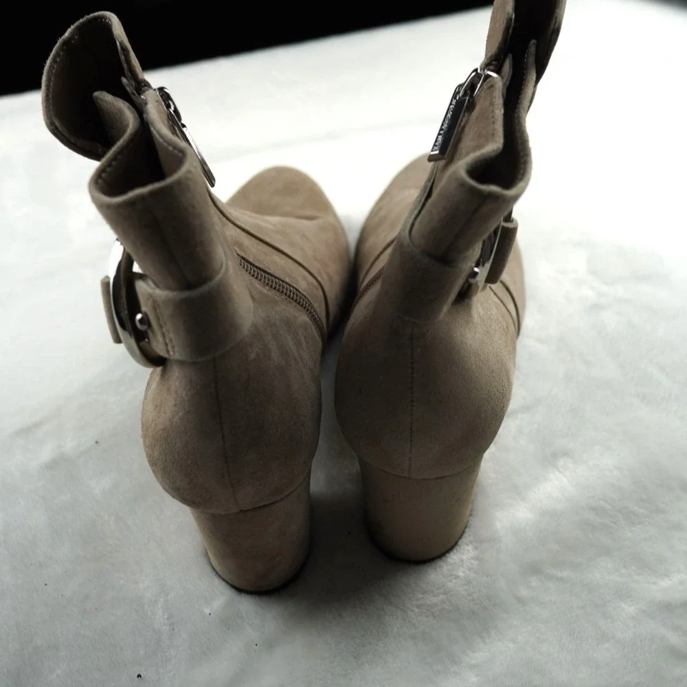 Karl Lagerfeld Paris Cosette Ankle Boots Women 6 Suede Buckle Block Heel Taupe